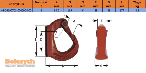 Hak PN-EN 1677,Udźwig WLL/DOR:8000 kg do przyspawania